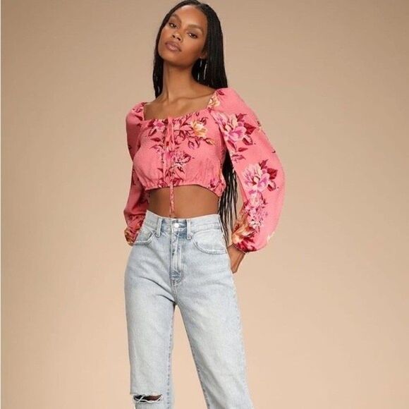 NWT Lulus Cheerful Disposition Pink Floral Print Lace-Up Crop Top Size Small - Picture 9 of 11